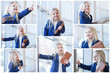 © Olesya Shelomova - Happy little girl with smartphone and wallet posing at camera. Collage portrait. Kid wearing blue jacket and white blouse indoors
