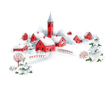 Watercolor Winter Snowy Christmas Time Red House Town Landscape Scenery Fir Trees