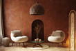 Leinwandbild Motiv Cozy home interior, luxury living room with natural wooden furniture, 3d render