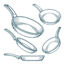 Frying Pan. Frying Pans Hand Drawn Vector Illustrations Set. Frying Pans Sketch Drawing Icons In Different Angles. Part Of Set.