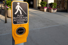 City Crosswalk Post Button For The Blind Sign Reads Push Button For Accessible Signal And Braille