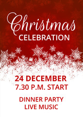 Wall Mural - Template of invitation for Christmas celebration with snowflakes border on red background