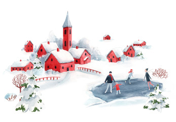 watercolor winter snowy christmas time red house town landscape scenery fir trees