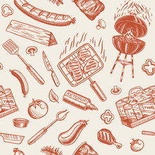 Barbecue Grill Seamless Pattern In Vintage Style. Drawn By Hand. Bbq Party Ingredients. Hot Grill Food, Beer And Tools, Vegetables And Spices. Vector Illustration For Menu Or Labels.
