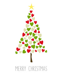 vector card with green christmas tree made from hearts and dots. abstract cute decorative illustrati