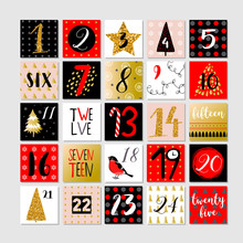 Abstract Printable Tags Collection For Christmas, New Year. Advent Calendar. Vector Illustration. Merry Holidays