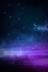 Wall Mural - dark empty scene, blue neon searchlight light, wet asphalt, smoke, night view, rays. empty black stu