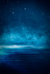 Wall Mural - dark empty scene, blue neon searchlight light, wet asphalt, smoke, night view, rays. empty black stu