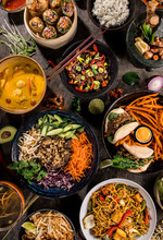 Asian Food Background With Various Ingredients On Rustic Stone Background , Top View. Vietnam Or Thai Cuisine.