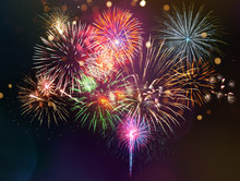 Colorful Firework With Bokeh Background. New Year Celebration, Abstract Holiday Background
