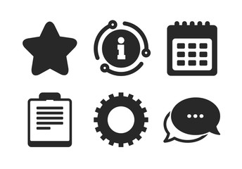 Checklist and cogwheel gear sign symbols. Chat, info sign. Calendar and Star favorite icons. Classic style speech bubble icon. Vector