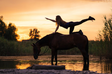 Silhouetted a slender girl practicing yoga on horseback, at sunset the horse stands in the lake. Care and walk with the horse. Strength and Beauty