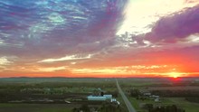 Amazing Fiery Autumn Sunrise Over Rural America, Aerial Drone View.