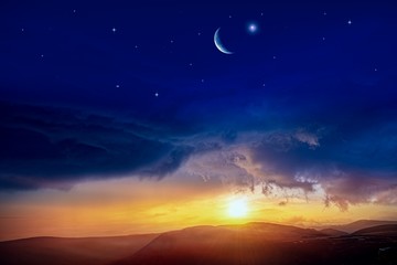Wall Mural - beautifully summer landscape . crescent moon with beautiful sunset background . generous ramadan . l