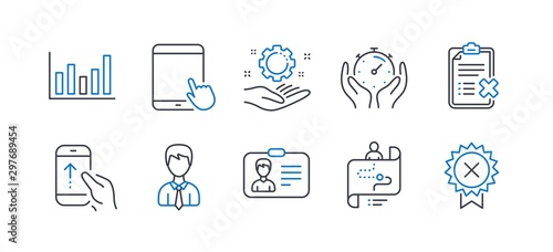 Set Of Business Icons Such As Employee Hand Journey Path Column Chart Timer Identification Card Businessman Reject Checklist Swipe Up Tablet Pc Reject Medal Line Icons Vector Stock Vector Adobe Stock