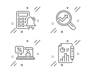 Wall Mural - Analytics, Calculator alarm and Online loan line icons set. Report document sign. Audit analysis, Accounting, Discount percent. Growth chart. Finance set. Line analytics outline icon. Vector