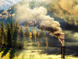 © Melinda Nagy - climate change or global warming banner - double exposure of polluting factory smoke and pine forest