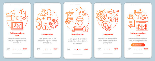 Scam types onboarding mobile app page screen vector template. Walkthrough website steps with linear illustrations. Online purchase and rental fraud. UX, UI, GUI smartphone interface concept