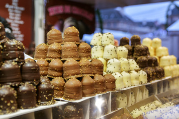 Different types of chocolate on the counter at the Christmas market