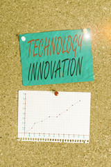 Writing note showing Technology Innovation. Business concept for significant technological changes of products Corkboard size paper thumbtack sheet billboard notice board