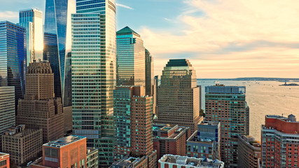 Fototapete - Aerial view with Lower Manhattan skyscrapers closeup at sunset view