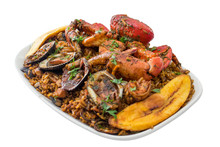 Seafood With Rice Isolated In A White Backgorund. Delicious Ecuadorian Dish With Crab, Shrimps, Mussels, Fried Banana And Rice. Studio Shot Seaman Rice.