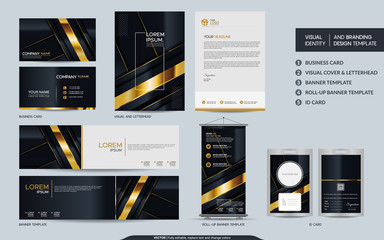 Luxury black gold stationery mock up set and visual brand identity with abstract overlap layers background.