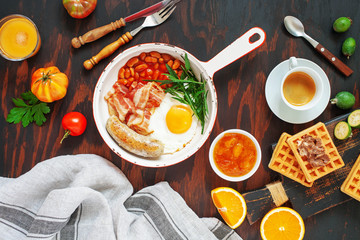 Wall Mural - English breakfast in pan with fried eggs, sausages, bacon