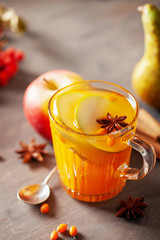 Mulled apple cider or punch. Autumn drink or tea.