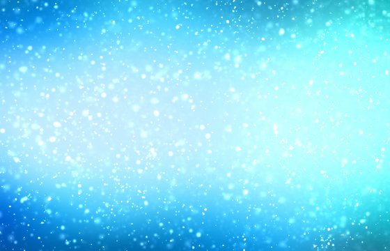 Snow blurry pattern on blue bright background. Plain winter illustration. Seasons template. 