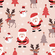 Christmas Seamless Pattern With Santa And Reindeer Background, Winter Pattern With Snowflakes, Wrapping Paper, Pattern Fills, Winter Greetings, Web Page Background, Christmas And New Year