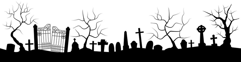 Horizontal banner with black silhouette of cemetery and trees on a white background. Nightmare landscape. Halloween vector illustration for sticker, banner, invitation, poster
