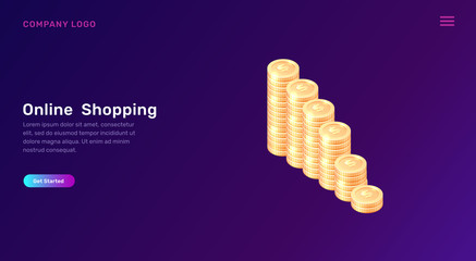 Wall Mural - online shopping or banking, isometric concept vector illustration. stacks of gold coins isolated on 