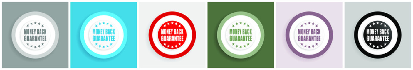 Leinwandbilder - Money back guarantee icon set, colorful flat design vector illustrations in 6 options for web design and mobile applications