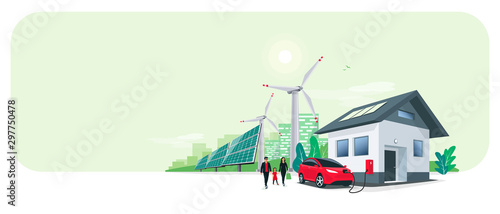 Fotomural Family battery electric car charging at home charger station renewable energy storage with wind solar panels power station and city skyline