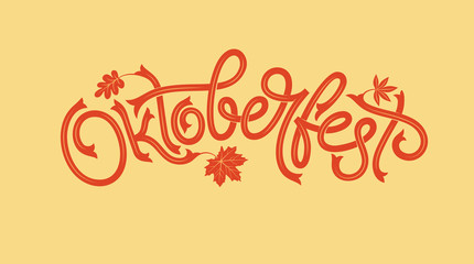 Oktoberfest logotype with maple leaf. Beer Festival banner. Illustration of Bavarian festival design with floral wreath. lettering for logo, poster, card, postcard, banner.