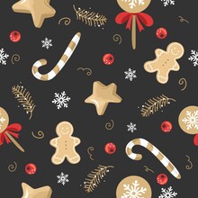 Christmas And New Year Festive Seamless Pattern For Wrapping Paper Or Fabric With Different Elemets. Fashionable Vintage Style.