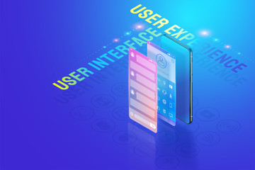 Wall Mural - 3d isometric mobile app ui ux design illustration, creating and design user interface, user experien