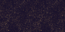 Space Seamless Pattern. Interstellar Space. Vector Illustration. Golden Stars And Constellations On A Dark Blue Background. The Beautiful Night Sky. Could Be Used For Prints, Fabric, Interior.