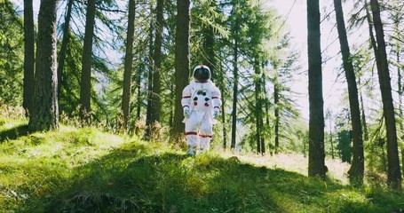 Wall Mural - astronaut has find a new planet similar to earth with nature and forests