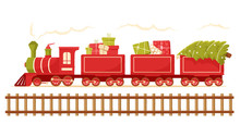 Christmas Train Carries A Christmas Tree. Christmas Toy Locomotive For Holiday Cards, Tags And Greeting Cards