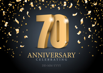 Anniversary 70. gold 3d numbers. Poster template for Celebrating 70th anniversary event party. Vector illustration