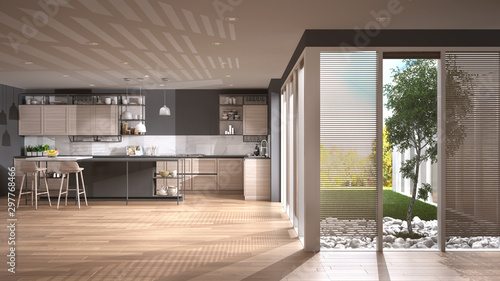 Fotomural Modern minimalist open space in patio house, gray and wooden kitchen with island
