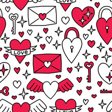 Cute Valentine's Day Seamless Pattern Background With Doodles Of Hearts In Line Art Style