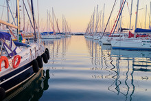 Marina Harbour With Beautiful White Yachts In Athens, Greece.