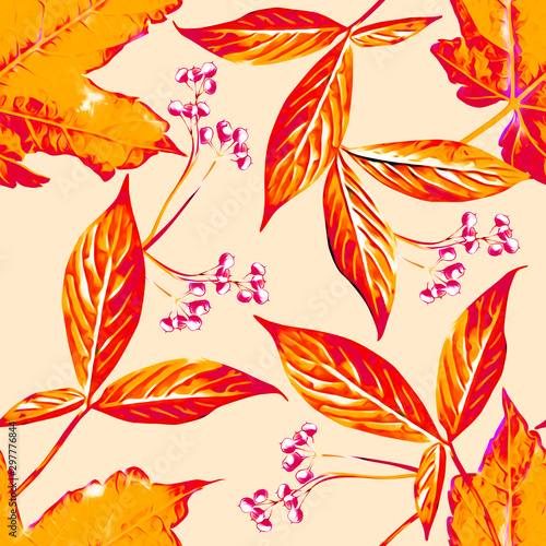 Leaves and berries illustration, seamless pattern.