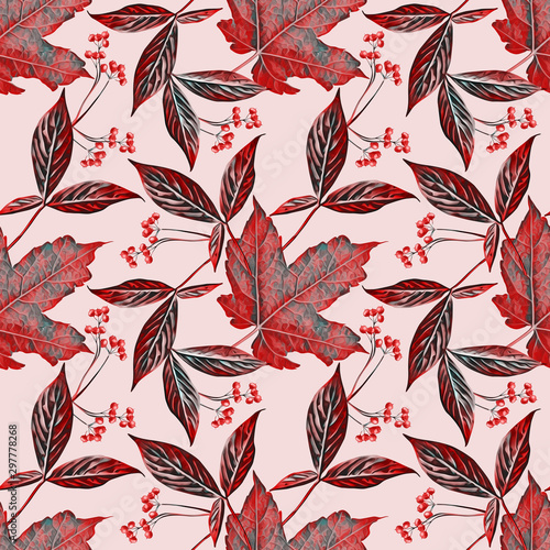 Leaves and berries illustration, seamless pattern.
