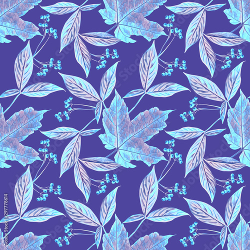 Leaves and berries illustration, seamless pattern.