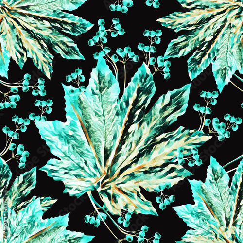 Leaves and berries illustration, seamless pattern.