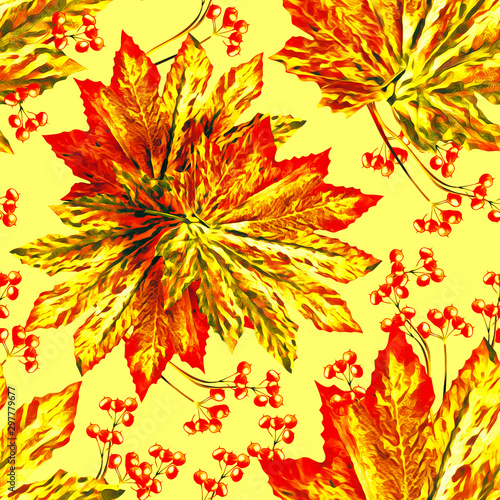 Leaves and berries illustration, seamless pattern.